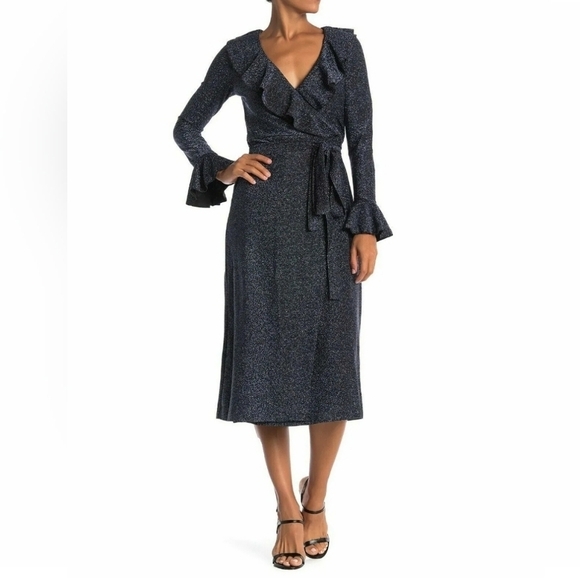 Free‎ People One more time Blue Black Shimmer Ruffle Fluence Midi wrap dress XS - Picture 5 of 13